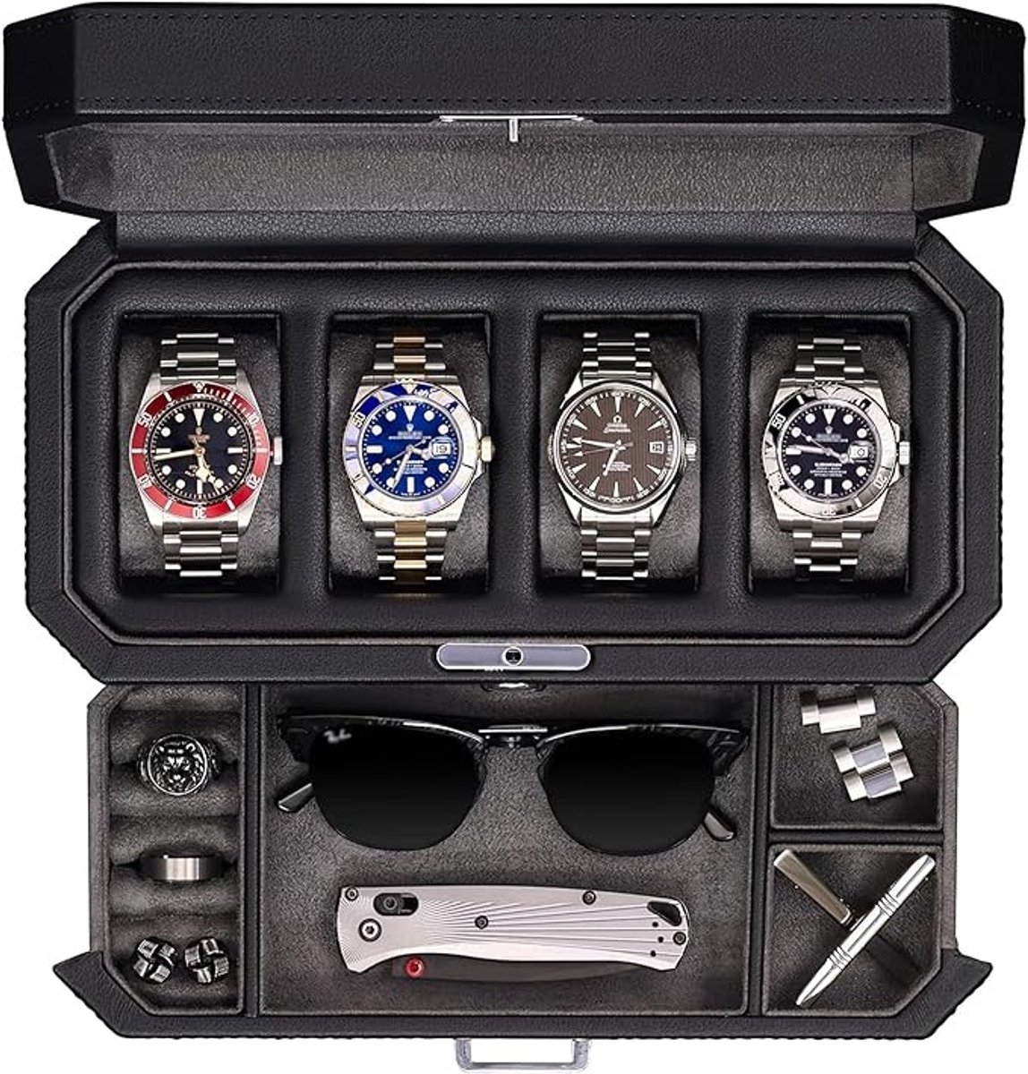 Lederen horlogedoos met 4 vakken en uitschuiflade - elegante vitrinekast voor sieradenorganisatie