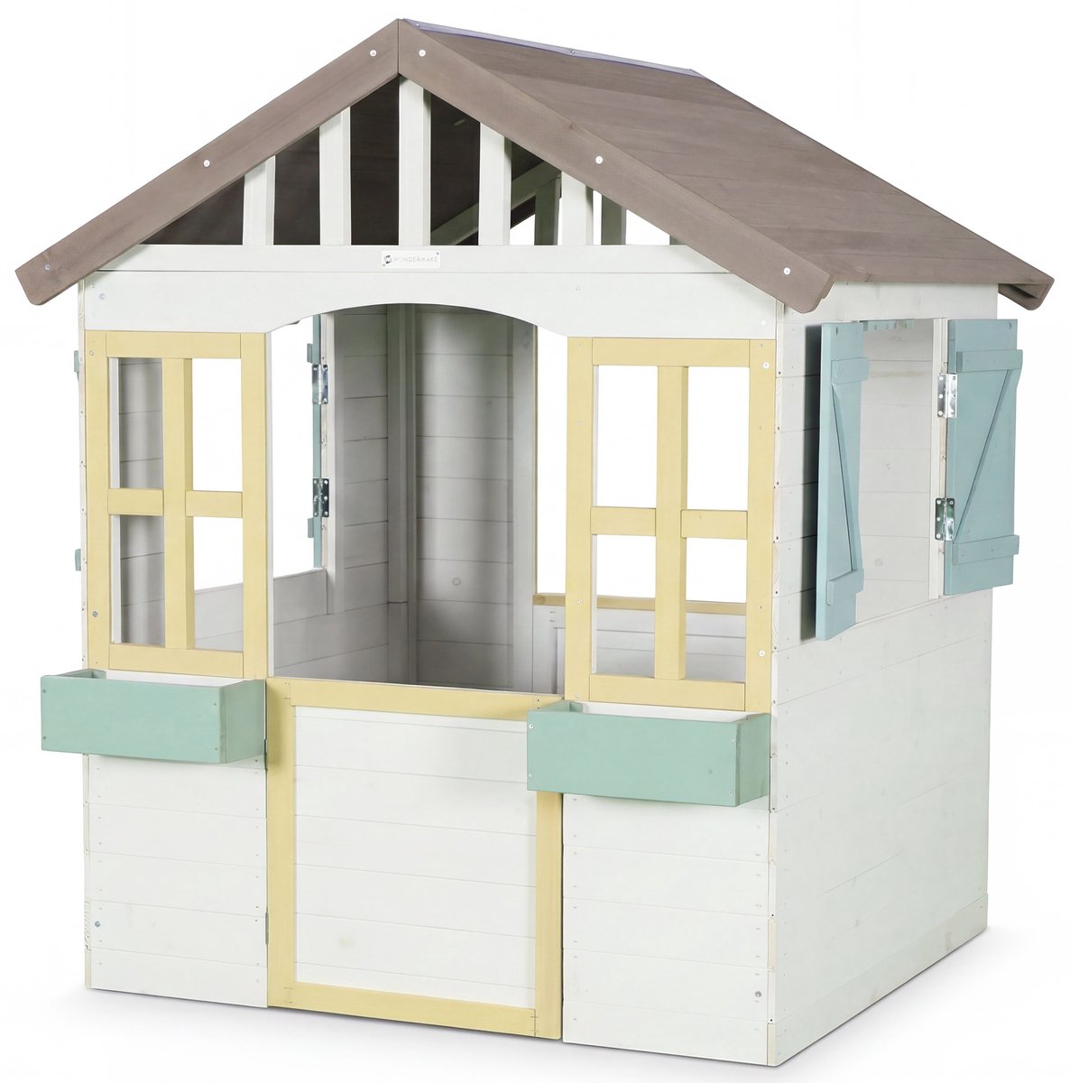 WONDERMAKE® Design Houten Speelhuisje voor Kinderen met 2 Plantenbakken en Magnetische Deur + Raam, Speelhuisje voor Kinderen vanaf 3 jaar, Buiten, Weerbestendig, Klein, Hoog, Tuinhuisje 115x101x130 cm, Wit, Grijs, Meerkleurig