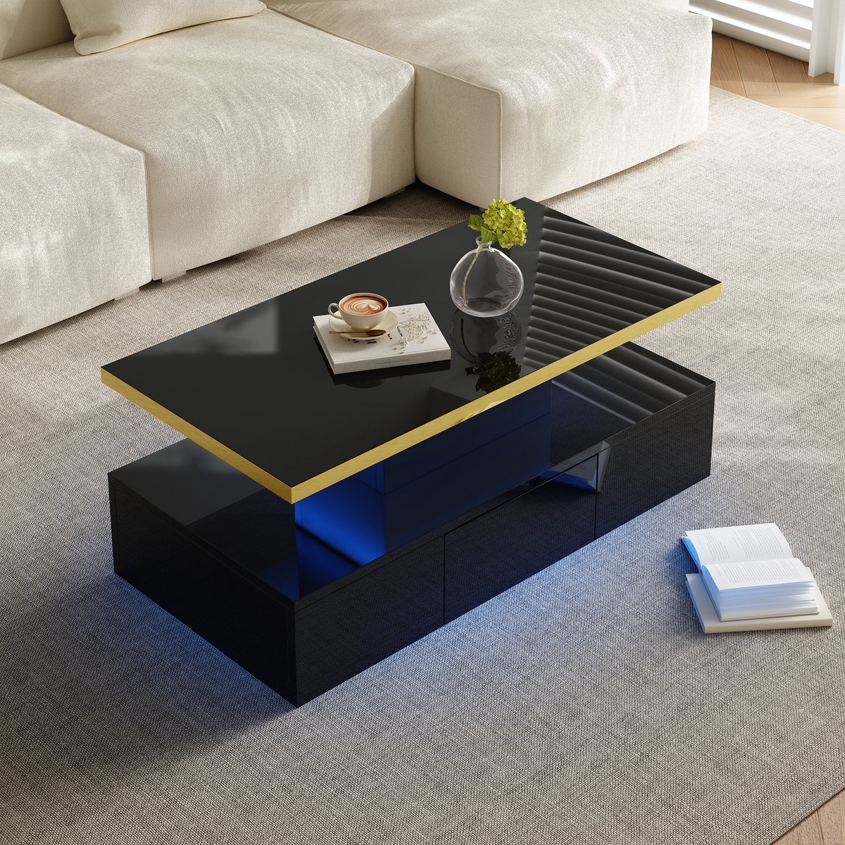 MODENUIT Salontafel - Met Lade, Twee Niveaus En Verlichting - Voor Woonkamer - Hoogglans Zwart - 100x50x39 cm