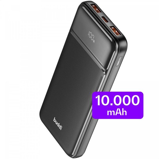 Buddi Boost - 10.000 mAh Powerbank - Reisformaat - LED Display - USB-A - USB-C Snelladen - Universele Draagbare Oplader voor Telefoon & Tablet - Noodpakket - Ideaal voor Handbagage - Zwart