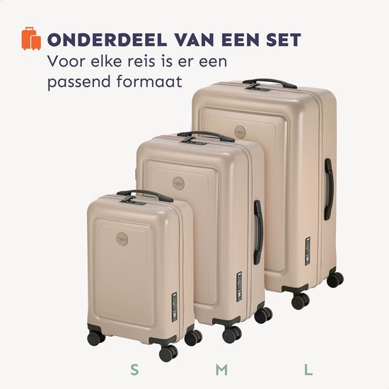 Drie Princess Traveller koffers van verschillende formaten: S, M, L. Model PT Elements, maat L, 78x52x31cm, 4.7kg.