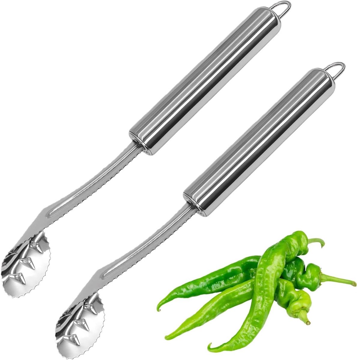 Deze set bevat twee peperontpittertjes van roestvrij staal met gekartelde messen. Ze zijn zeer efficiënt voor het ontpitten van fruit en groenten, zoals jalapeño's, chilipepers en komkommers.