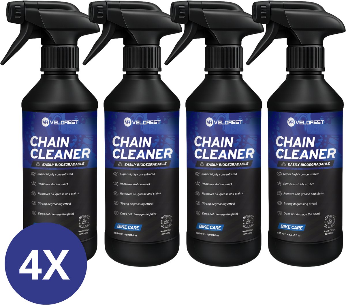 Velorest Ketting Reiniger - 500ml (4-pack) - Fietsketting Reiniger Set - Kettingreiniger Fiets - Chain Cleaner - Kettingreiniger Vloeistof - Ketting Ontvetter - Biologisch Afbreekbaar