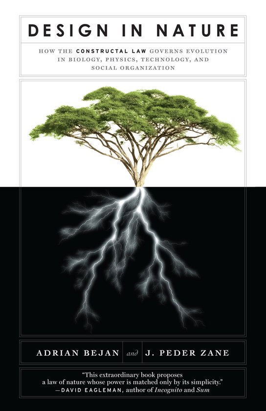 Boekomslag 'Design in Nature', met een boom en bliksemwortels. Tekst: 'Design in Nature', 'Adrian Bejan' en 'J. Peder Zane'.