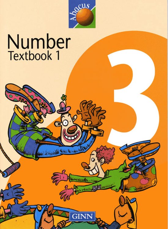 Cover van Abacus Number Textbook 1, niveau 3, met vrolijke clowns die jongleren op een oranje achtergrond.
