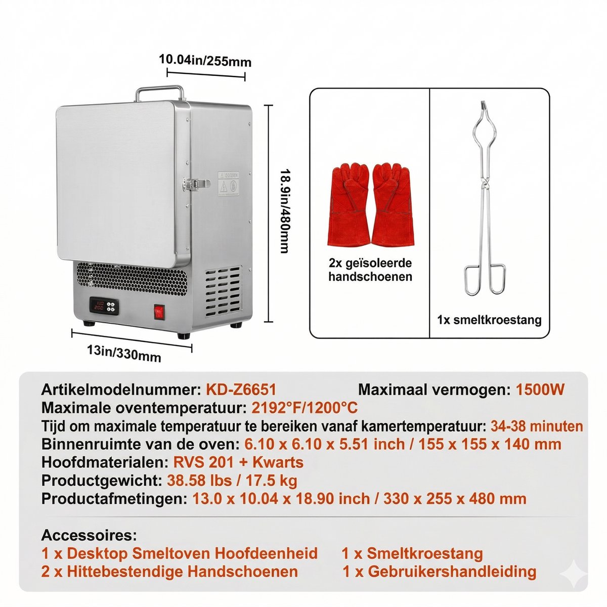 Elektrische Smeltoven - Keramiekoven - Aardewerk Bakoven - Sieraden Oven - PID Temperatuurregeling - 1500W Verwarmingselement - Max 1200°C - Verloren Wasgieten - Metaalklei Bakken - Tafelmodel - Roestvrij Staal Behuizing - DIY Smeltoven – foto 3