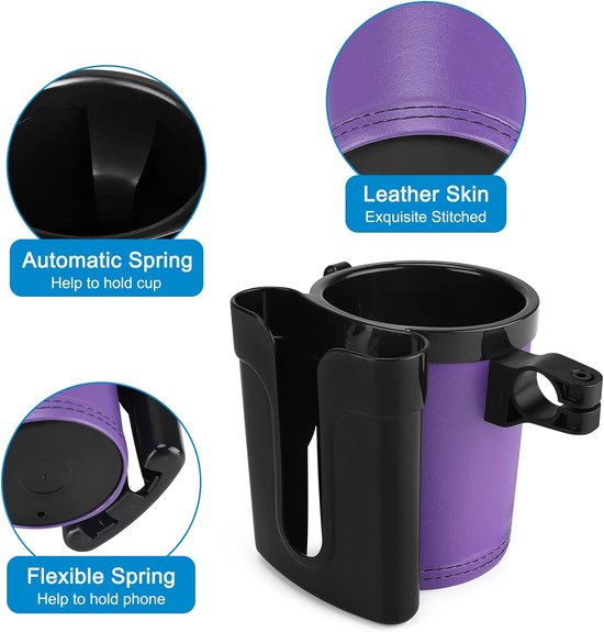 Fiets Bekerhouder - Fleshouder Stuur - Drinken Onderweg - 3-in-1 met Telefoonhouder - Verstelbare Clip - Zwart Paars — afbeelding 4