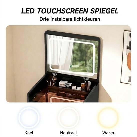 Close-up van de spiegel met LED-verlichting van een kaptafel, met de tekst 'LED TOUCHSCREEN SPIEGEL' en lichtkleur opties: Koel, Neutraal, Warm.