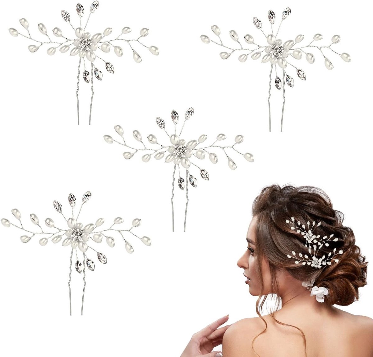 Elegante Haarspelden met Parel en Kristal, 4 Stuks voor Bruidskapsels en Bruidsmeisjes, Handgemaakte Haaraccessoires voor Huwelijk en Feestelijke Gelegenheden