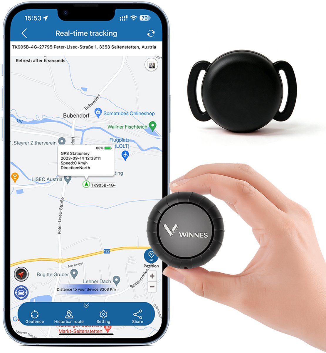 GPS Tracker Mini voor Hond, Sleutels & Auto [Abonnement vereist] – Realtime Locatie Tracker zonder SIM, 5m Nauwkeurig, 1 Jaar Batterij, Magnetisch, Geofence, 6 Maanden Routegeschiedenis, App Bediening, Siliconen Hoes