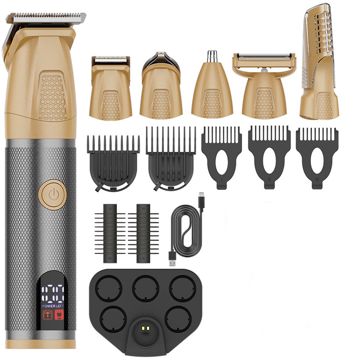 Baardtrimmer mannen - 6 in 1 draadloze baardtrimmer - IPX6 Waterdicht - Met display - Met verstelbare opzetkam - Voor Nat Droog Gebruik - Trimmer Baard Lichaam Neustrimmer - Goud