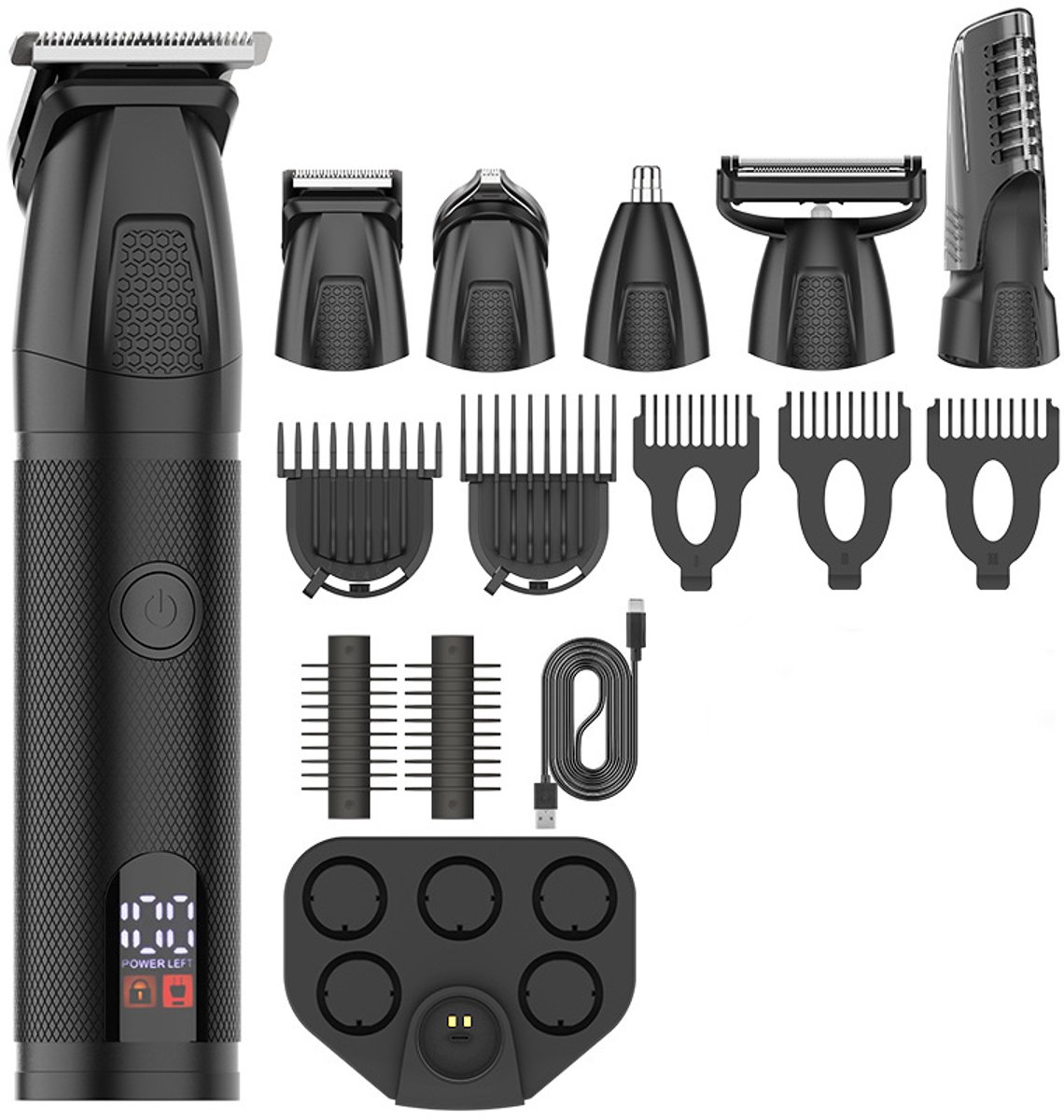 Baardtrimmer mannen - 6 in 1 draadloze baardtrimmer - IPX6 Waterdicht - Met display - Met verstelbare opzetkam - Voor Nat Droog Gebruik - Trimmer Baard Lichaam Neustrimmer - Zwart