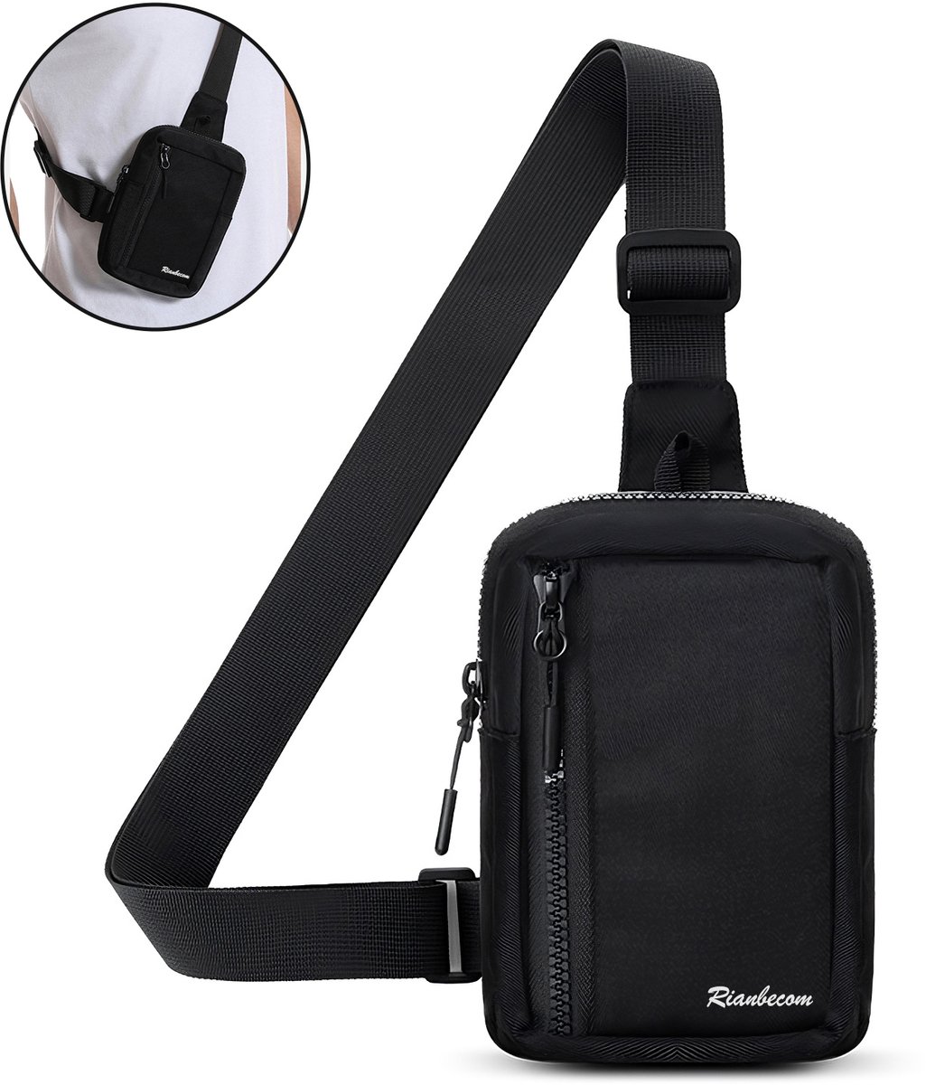 Rainbecom Chestbag Schoudertas - Stijlvolle Borsttas - Kleine Handtas - Nylon & Polyester - Slingbag - Crossbodytas - Verstelbare Draagriem - Waterdicht & Ademend - 13.5x19x4.5 cm – Zwart - Lichtgewicht 130g
