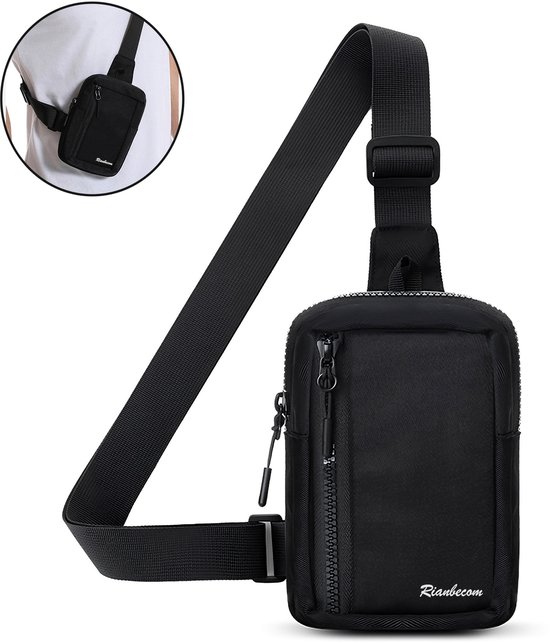 Sac à bandoulière Rainbecom Chestbag - Sac de poitrine élégant - Petit sac à main - Nylon et polyester - Sac à bandoulière - Bandoulière réglable - Imperméable et respirant - 13,5 x 19 x 4,5 cm - Zwart - Léger 130 g