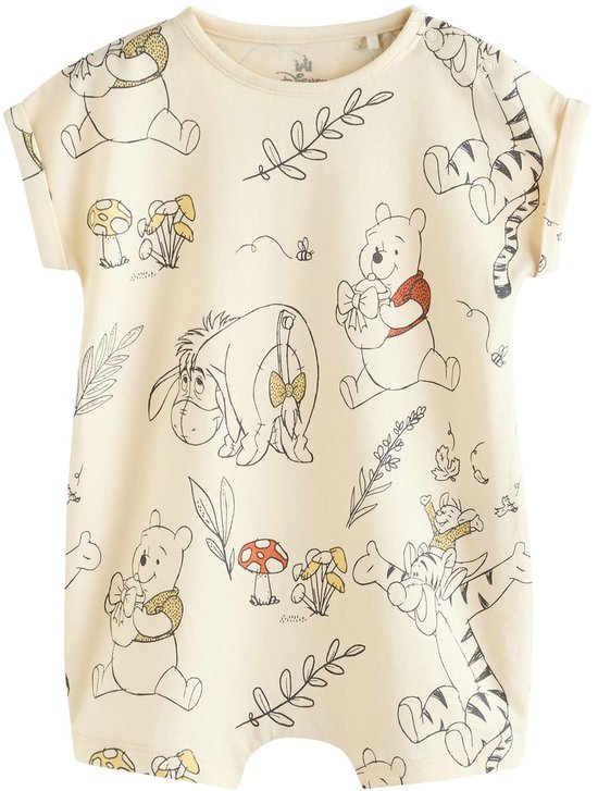 Crèmekleurig rompertje met opdruk van Winnie de Poeh, Eeyore en Tigger, met korte mouwen.