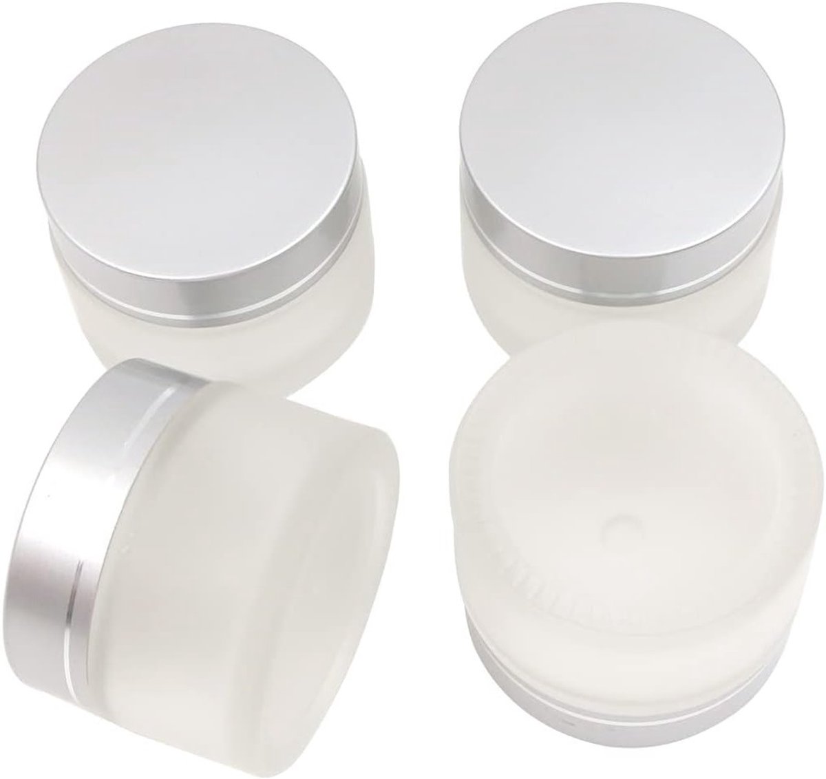 Set van 4 Lege Sample Jars van 50ml in Frosted Glas met Zilveren Deksel voor Crème en Olie