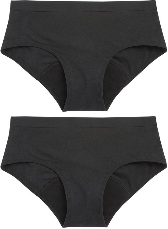 Twee zwarte menstruatie-onderbroeken met hoge taille.