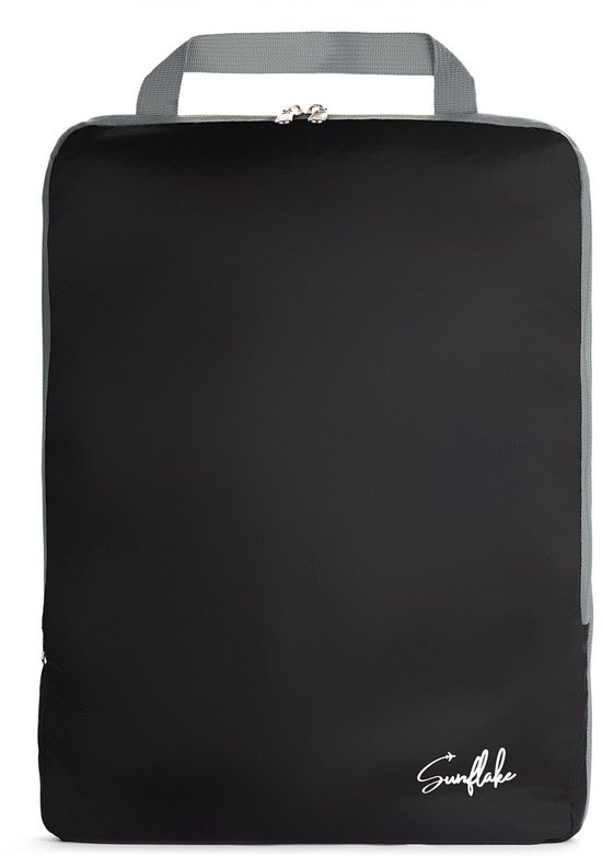 Zwarte Sunflake packing cube met grijze randen, handvat en rits.