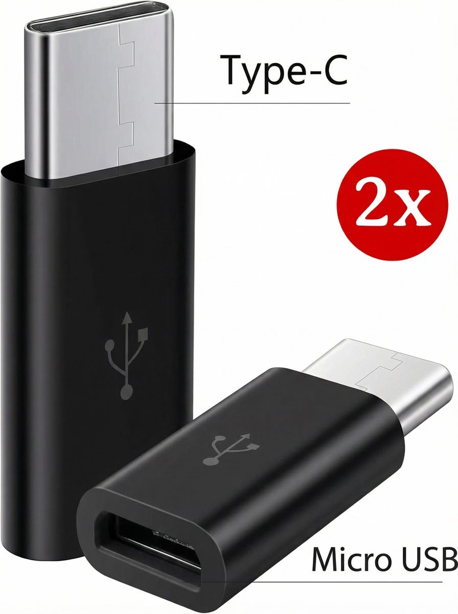 2X Micro-USB naar USB-C – verloopadapter / USB-C converter Set van 2 stuks zwart