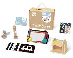BusyKids Montessori 0-6 Maanden Play Box - Houten Set Baby - Kraamcadeau - Educatief Speelgoed 18-Delig - Incl. Bijtring, Kubus & Sensorische Kaarten