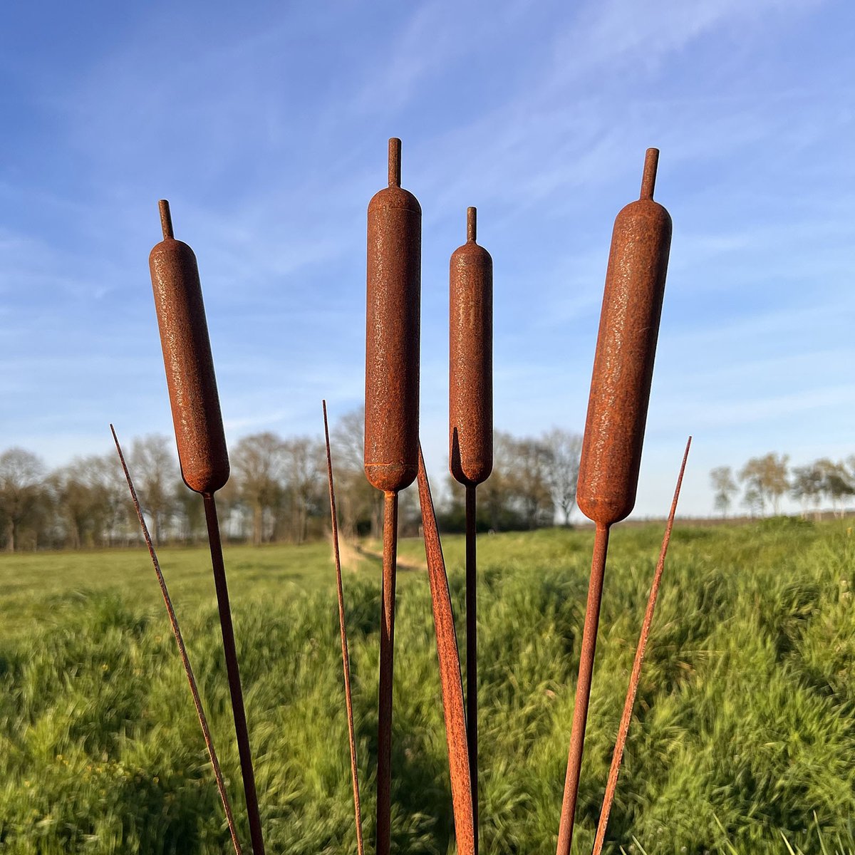 Diron - Set van 4 tuinstekers - Lisdodde - tuindecoratie - metaal roest patina - 95 cm lang.
