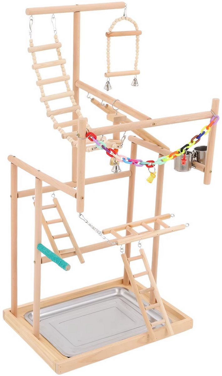 JOYNEXTBUY - Vogel Speelplaats van Hout - 4-Laags Papegaaien Speelstation - Vogel Gym met Ladders, Belletjes en Antislip Voet - Voor Parkieten en Papegaaien