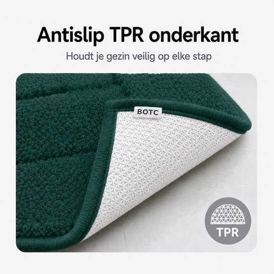 Close-up van de donkergroene, zachte badmat met antislip TPR onderkant.