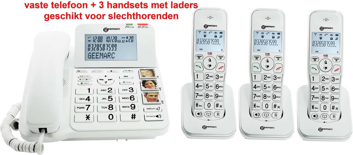 Vaste telefoon met FOTO-TOETSEN + 3x draadloze telefoons - geschikt voor SLECHTHORENDEN - combi 295 3