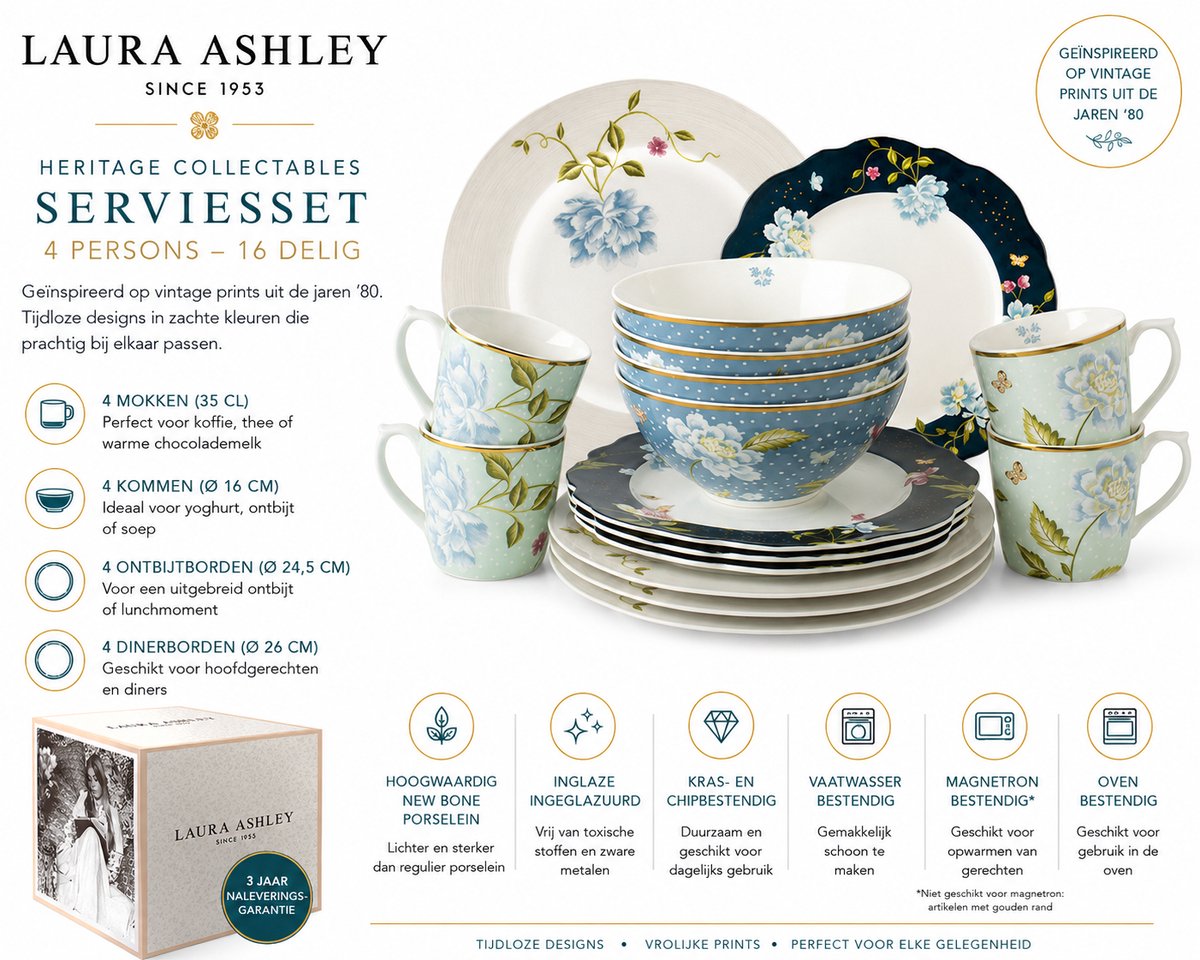 Laura Ashley Heritage Collectables Serviesset 4 persoons - 16 Delig