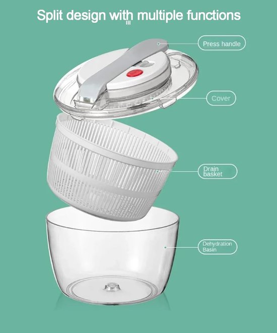 Sla centrifuge - Groente droger - Groenten bereiden - Veilig afsluitdeksel - 5L - Zwart — afbeelding 2