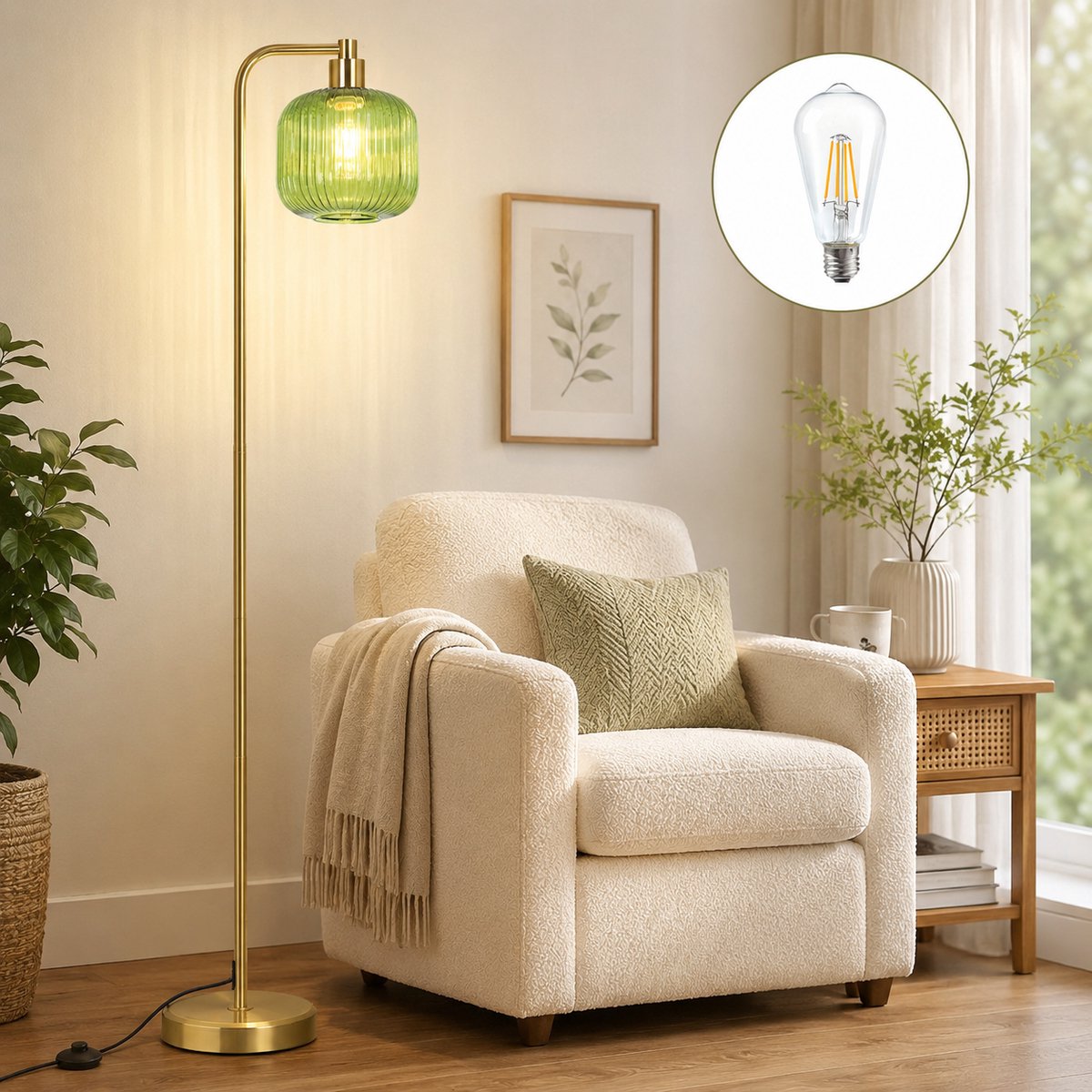 MUPOO Modern Vloerlamp met Groen Geribd Glas Kap- Staande lampen Woonkamer - Zware Metalen