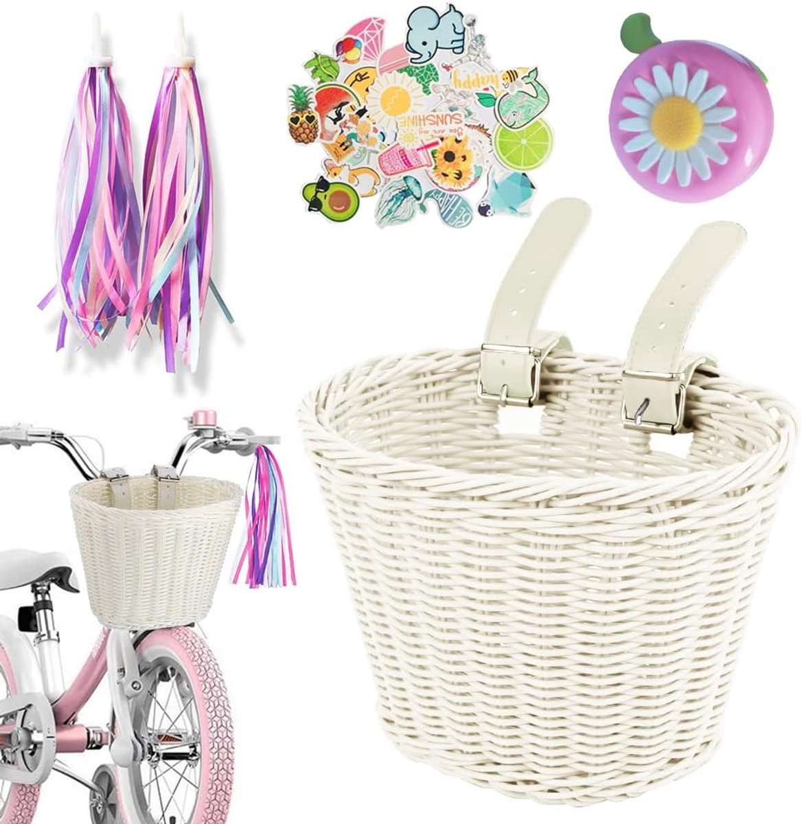 Fietsaccessoireset voor Kinderen Fietsmand Bel en Decoratie Wit
