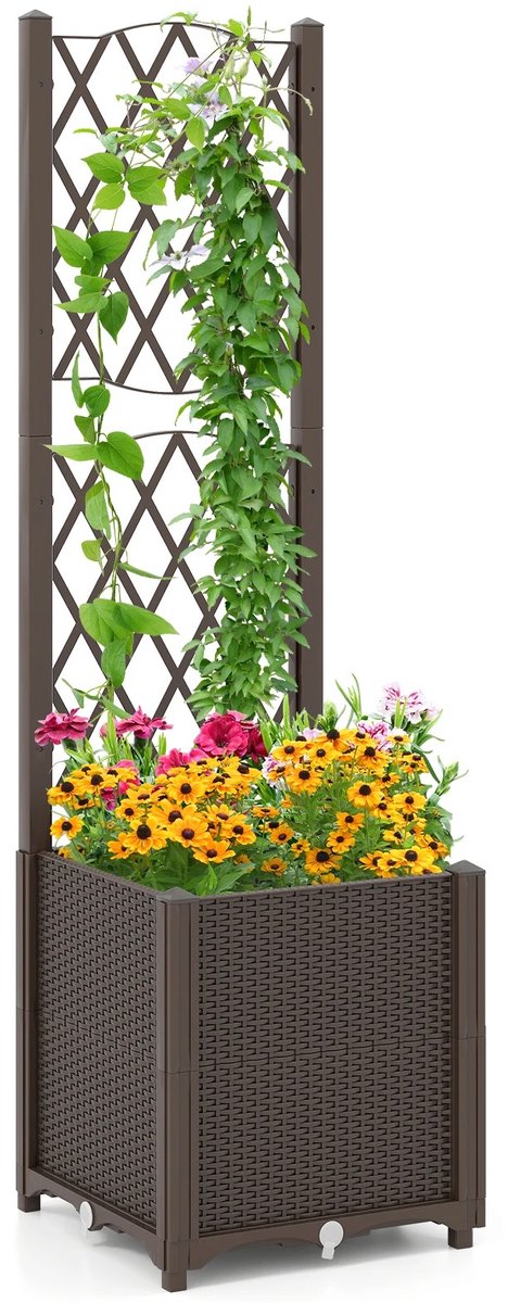 Plantenbak met Latwerk - Verhoogde Bloembak voor Klimplanten - Houten Tuinbak - Tuin Balkon Terras - Zwart - Weerbestendig