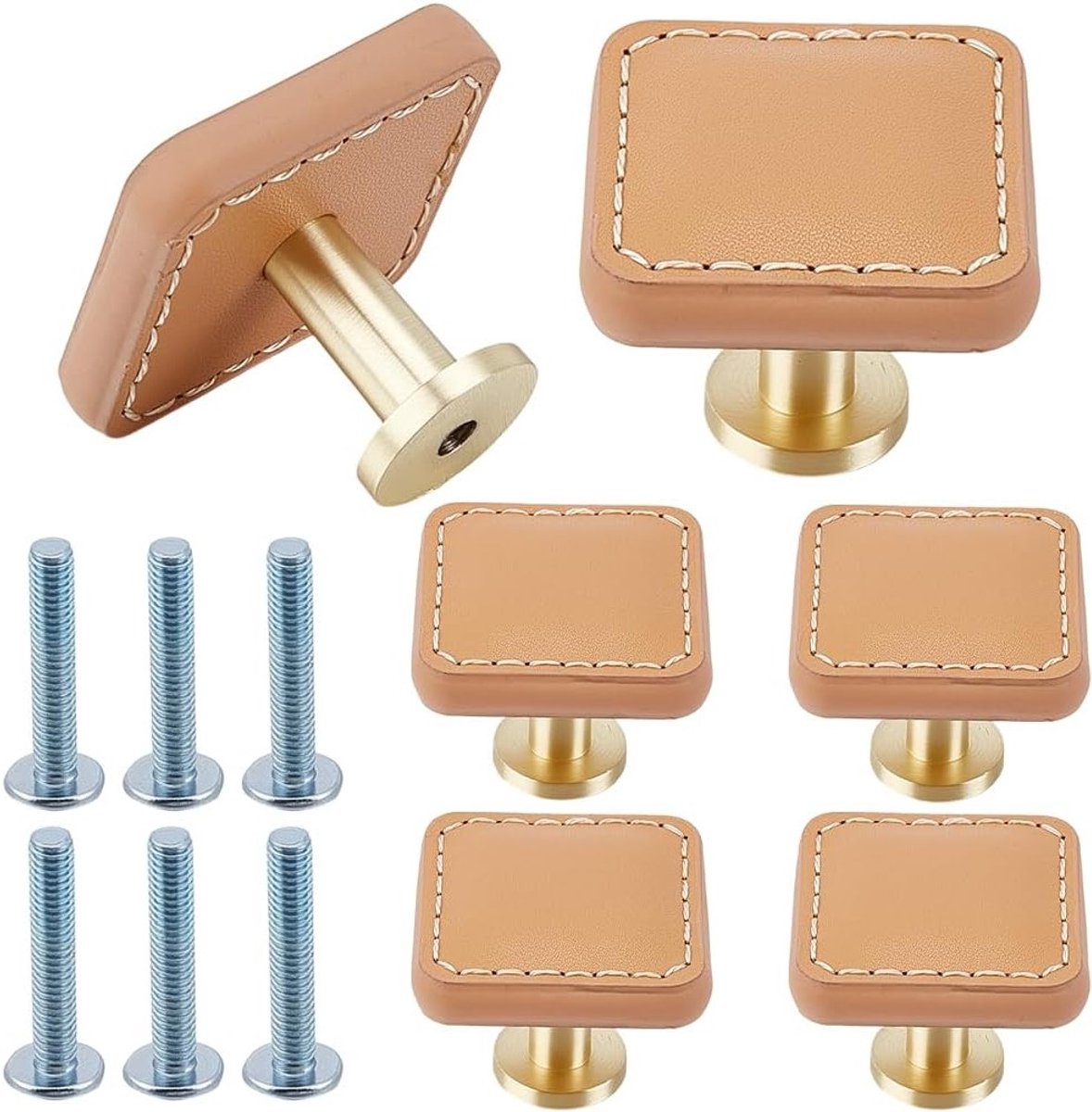 Set van 6 Witte Leren Handgrepen voor Keuken- en Badkamerkasten, Vintage Vierkante PU Lere