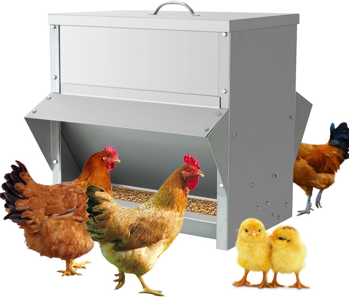 Automatic Chicken Feeder 25kg, Feed Car Dispenser, Weatherproof Poultry Feeding Trough For Chickens, Ducks, Dove, Stainless Steel