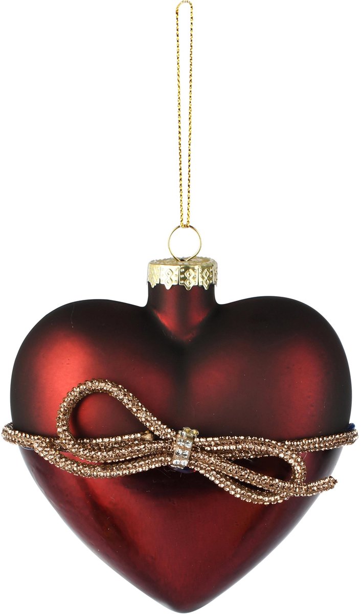Dekoratief | Hanger hart m/strik, bordeaux/goud, glas, 10x5x10cm | A265639