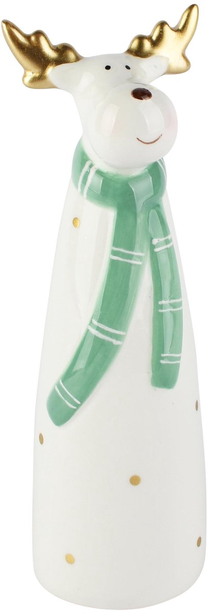 Dekoratief | Deco rendier m/sjaaltje, wit/groen/goud, dolomiet, 7x6x19cm | A265961