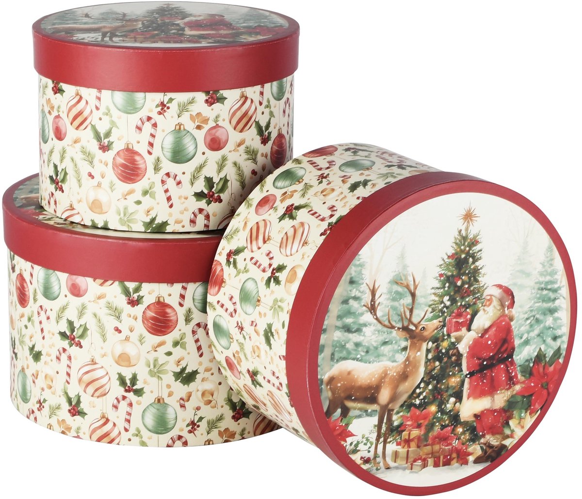 Dekoratief | Set 3 dozen rond 'Nostalgic Holiday', rood/wit, karton, 20x20x13cm | A265664