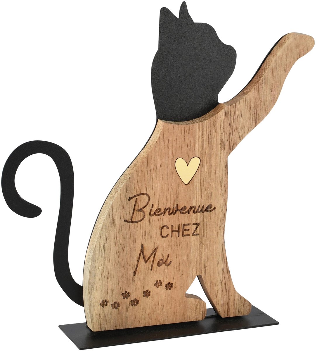 Dekoratief | Deco poes 'Bienvenue Chez Moi', naturel/zwart, hout, 20x4x20cm | A265213
