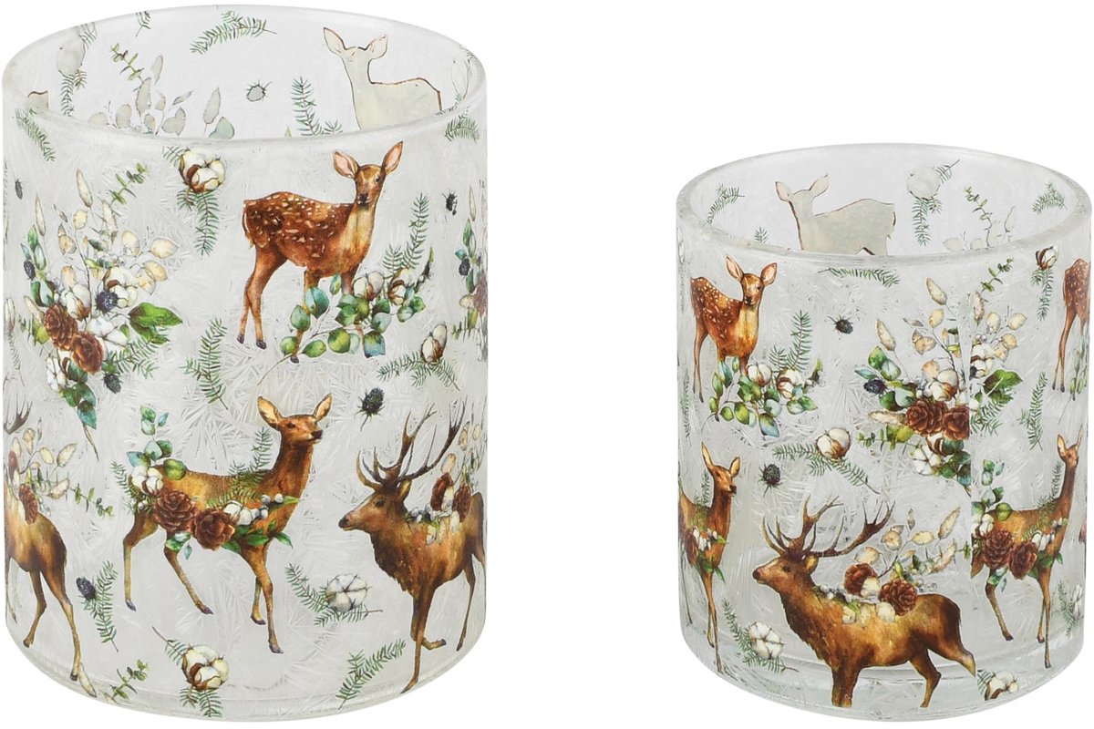 Dekoratief | Set 2 theelichthouders 'Lovely Deer', glas, 8x8x10cm | A265256