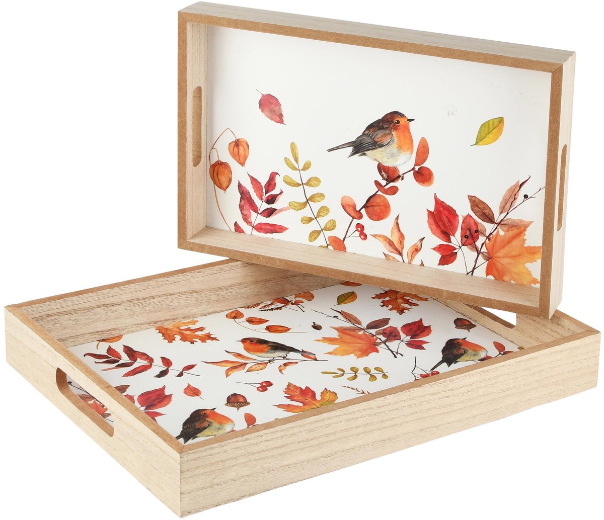 Dekoratief | Set 2 dienbladen 'Autumn Birds', naturel, hout, 35x25x5cm | A265272
