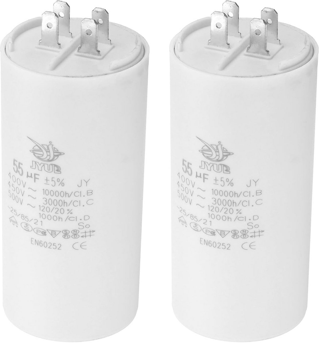 PATIKIL CBB60 55uf Condensatorfunctie, 2 stuks, AC 450 V, 4 pins, 50/60 Hz, dubbele cilinderinzet onder voor airconditioning, waterpomp, stermotor, 105 x 5 0 mm