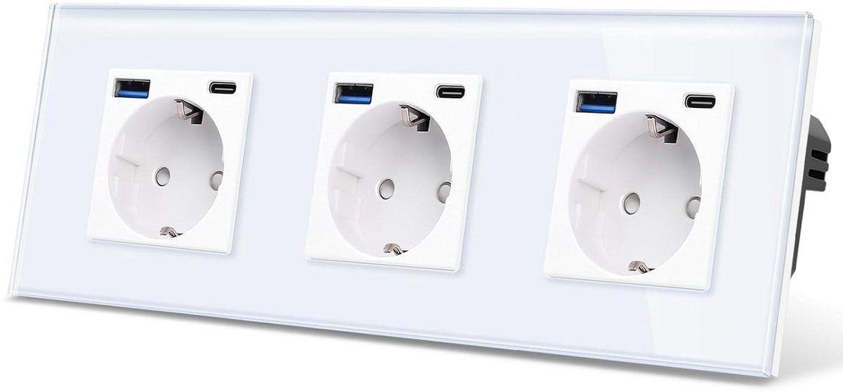 Inbouwstopcontact met Glasframe en 6 USB-Poorten (USB-C & USB-A)