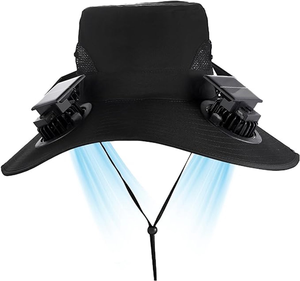 Vissershoedje heren-safarihoed heren-Zonnehoed met ventilator - Uitgerust met 4 ventilatoren - Op zonne-energie werkende, via USB oplaadbare, geventileerde hoed - Geschikt voor vissen, wandelen, kamperen, tuinieren en gazononderhoud - Zwart