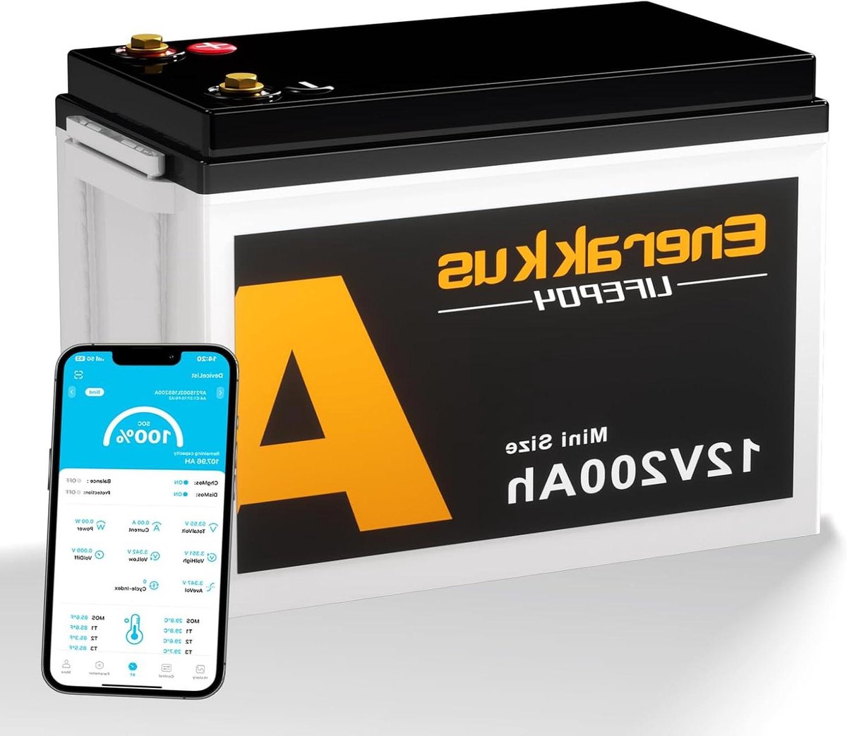 Lithium accu - Oplaadbare batterij - Energie opslag - Bluetooth BMS - 12V 200Ah - Zwart