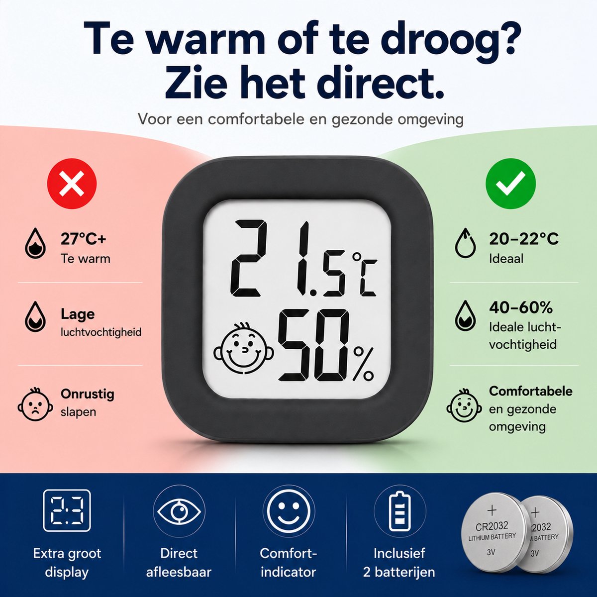Joybelli® Digitale Hygrometer met Temperatuurmeter – Luchtvochtigheidsmeter voor Babykamer, Slaapkamer en Woonkamer – Inclusief 2 Batterijen — cadeau in Cadeau-ideeën - foto 2