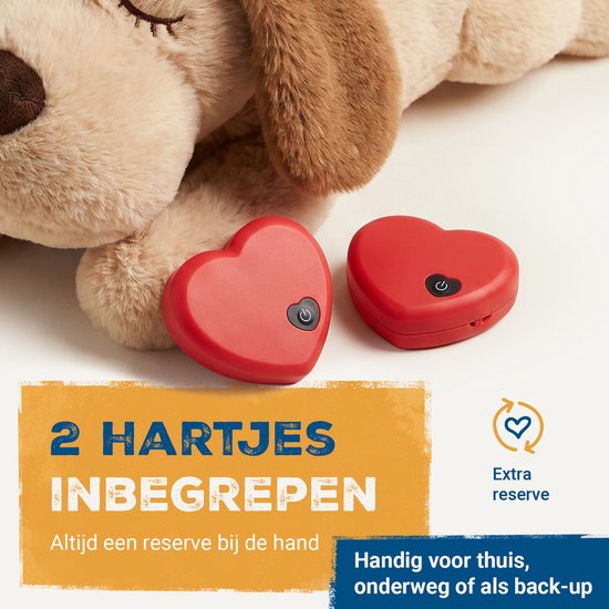 Close-up van twee rode hartjes, waarvan één met een aan/uit-knop. Tekst: '2 hartjes inbegrepen'.