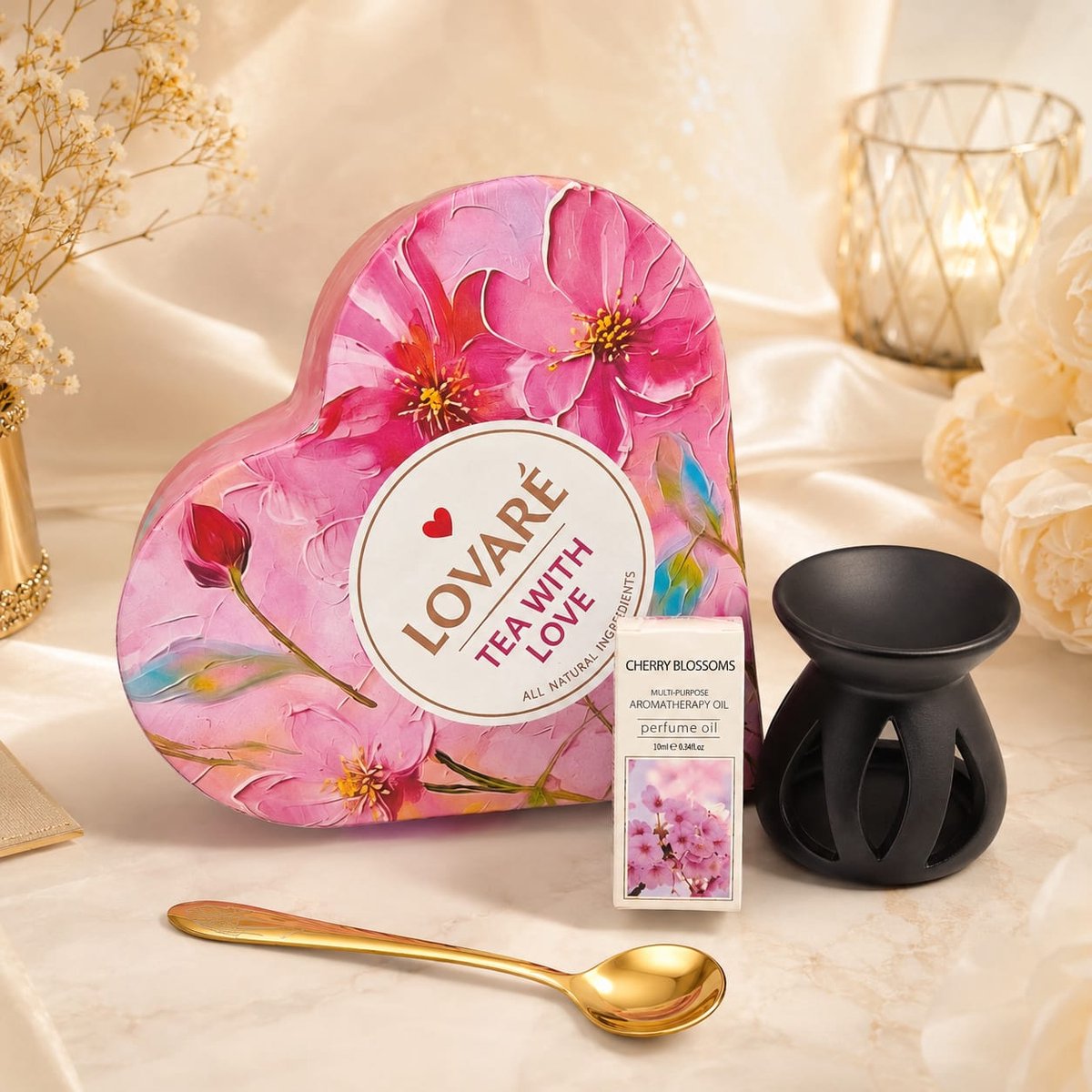 Lovaré Tea With Love Cadeauset met Aroma Brander, Geurolie & Gouden Lepel – Luxe Wellness Geschenkset