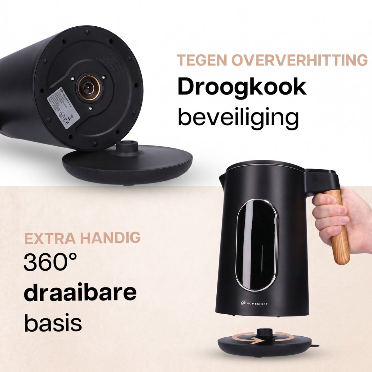 HomeShift® Waterkoker met Temperatuurregeling - Warmhoudfunctie - Dubbelwandig - Elektrisch - 1,7 Liter - 2200W - Zwart / Hout thumbnail 5