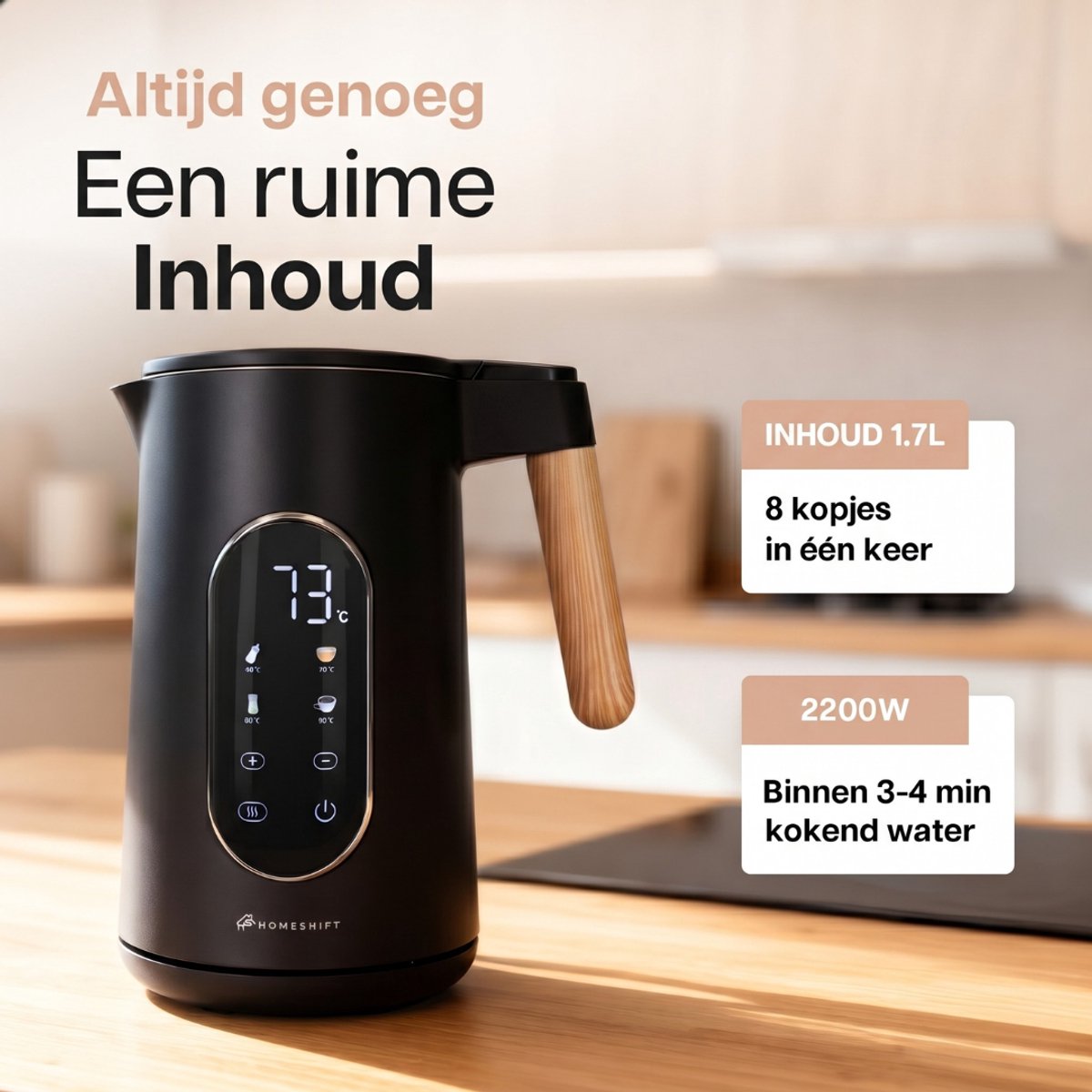 HomeShift® Waterkoker met Temperatuurregeling - Warmhoudfunctie - Dubbelwandig - Elektrisch - 1,7 Liter - 2200W - Zwart / Hout thumbnail 8